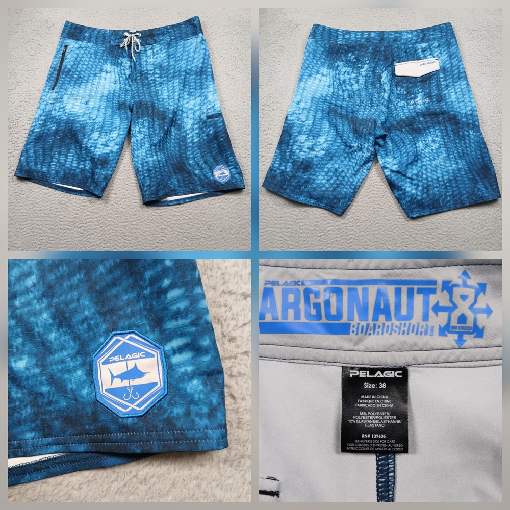 Pelagic Argonaut Boardshorts Men's 38 Blue Camo Stretch Fishing Surf‎